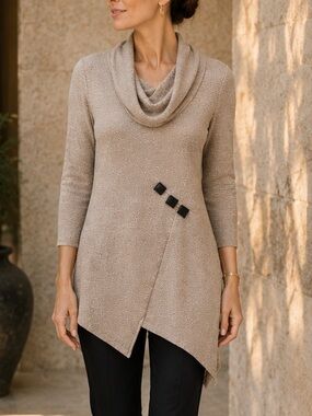 Yushi USA Tan Textured Knit Asymmetrical Tunic 3/4 Artsy Cowl  S